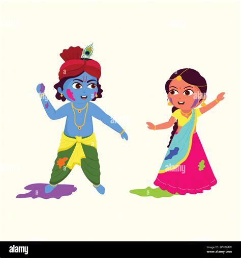 Illustration Of Little Lord Krishna And Radha Character Playing Colors