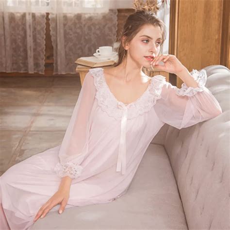 Elegant Night Dress Women Long Sleeve Mesh Modal Nightgown Sexy Sleepwear Spring Summer Princess