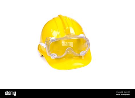 Hard Hat And Goggles Isolated On White Protective Equipment Stock