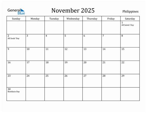 November 2025 Monthly Calendar With Philippines Holidays