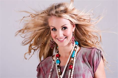 Young Woman With Hair Blowing In Wind Isolated Stock Image Image