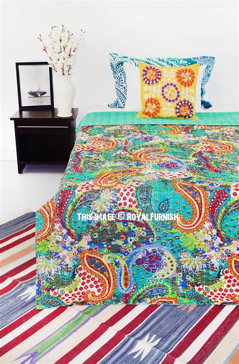 Multi Colorful Unique Paisley Print Cotton Kantha Quilt Blanket