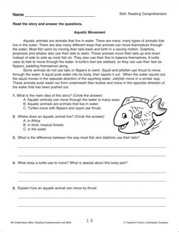 These printable worksheet activities include original excerpts from short stories and books. Aquatic Movement (Reading Passage and Comprehension ...