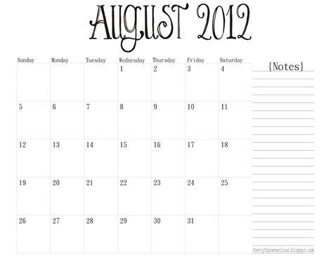 Free Printable Calendar August 2012