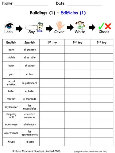 Buildings And Structures In Spanish Spelling Worksheets 5 Worksheets