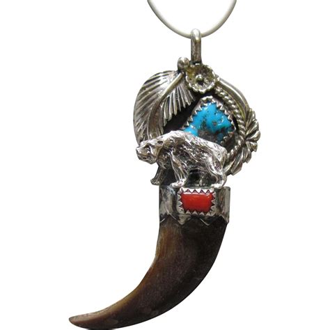 Navajo Sterling Turquoise Coral And Bear Claw Pendant From Wer101tiques On Ruby Lane
