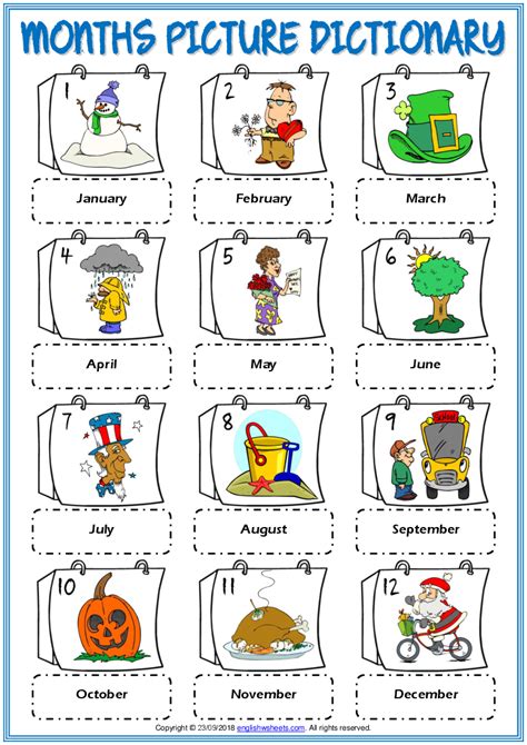 Months Vocabulary Esl Picture Dictionary Worksheet For Kids Pobierz