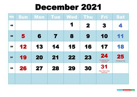 Free Printable December 2021 Calendar With Holidays As Word Pdf