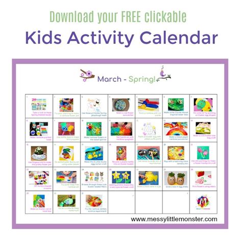 Spring Activity Calendar March Kids Calendar Spring Activities