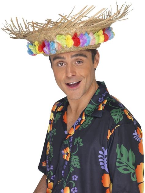 beach hat straw with flowers hawaiin summer men s fancy dress costume ebay beach fancy dress