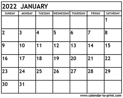Printable Calendar 2022 January 2022 Calendars For Word Excel And