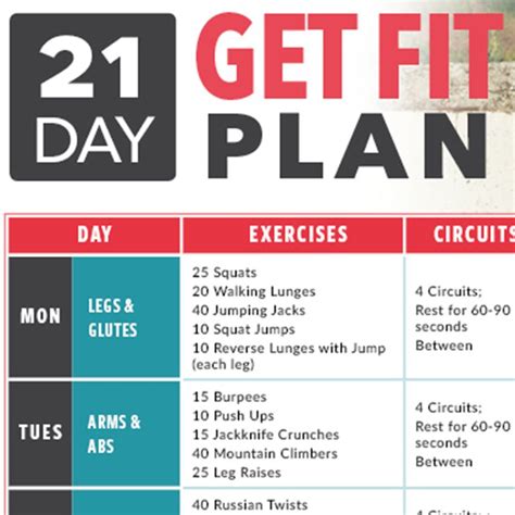21 Day Get Fit Plan Calendar Skinny Ms 3 Week Workout Total Body