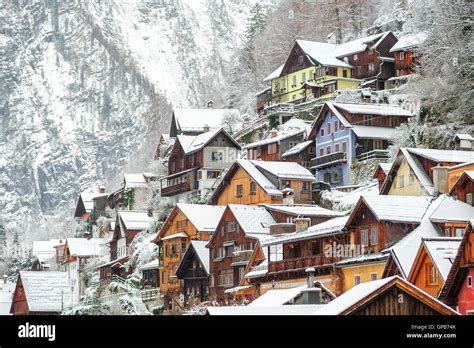 Traditional Wooden Houses In Hallstatt Austrian Alpine Town By