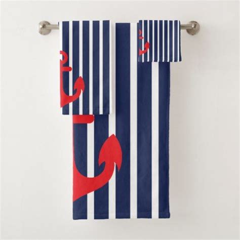 Nautical Navy Blue Stripes Red Anchor Bath Towel Set Pirate Bathroom