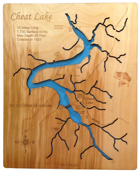 Cheat Lake West Virginia Laser Cut Wood Map Personal Handcrafted