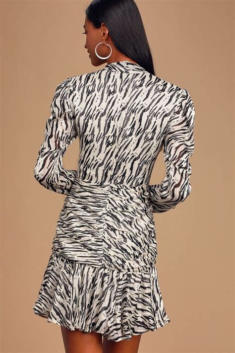 Eileen Black And White Zebra Print Ruched Long Sleeve Mini Dress Long Sleeve Mini Dress White
