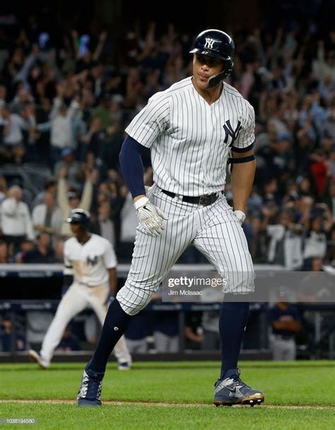 Giancarlo Stanton Of The New York Yankees Reacts On His Fourth Inning