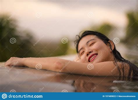 Tropical Holidays Lifestyle Portrait Of Young Beautiful And Happy Asian Chinese Woman In Bikini