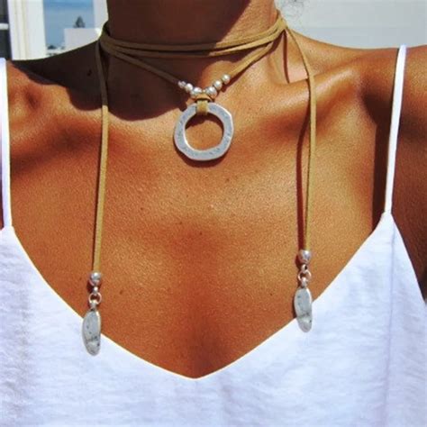 Womens Necklace Brown Leather Siber Jewelry Accessories Ladies Leather