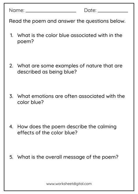 Poem Comprehension Worksheets For Grade 5