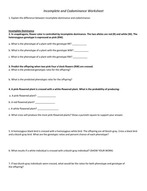 Practice Codominance And Incomplete Dominance Worksheets Ans