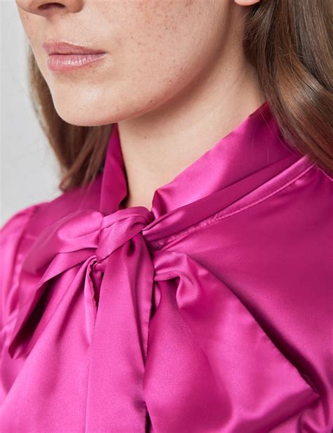 Plain Satin Womens Fitted Blouse With Single Cuff And Pussy Bow In Bright Pink Hawes And Curtis