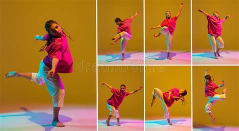 Collage Portraits Of Oung Stylish Girl Contemp Hip Hop Dancer In Motion Training Over Yellow