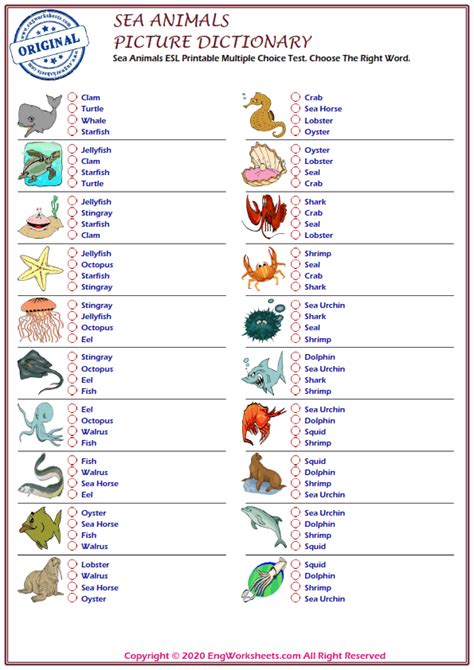 Sea Animals Esl Printable Picture Dictionary Worksheet For Kids Image