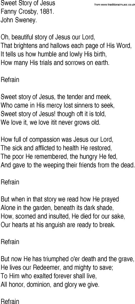 Hymn And Gospel Song Lyrics For Sweet Story Of Jesus By Fanny Crosby