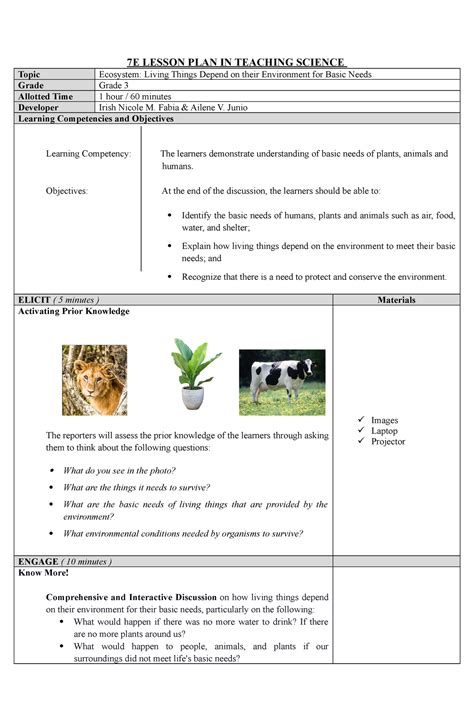 Lesson Plan In Science 7e And Instructional Plan 7e Lesson Plan In