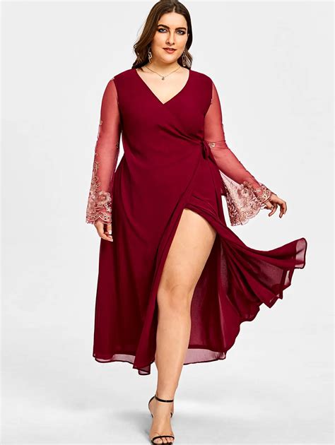 Wipalo Plus Size Lace Sleeve High Slit Surplice Elegant Lace Party Dress Plus Size Floor Length