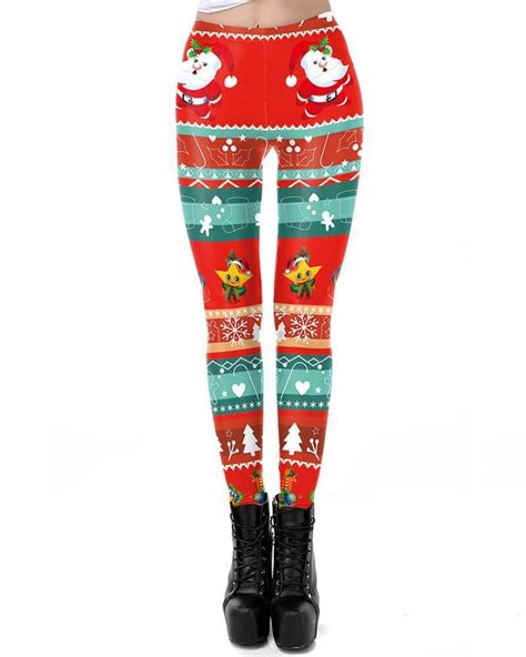 Striped Christmas Elements Printed Red Christmas Tights Leggings In