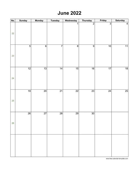 2022 June Calendar Blank Vertical Template Free Calendar