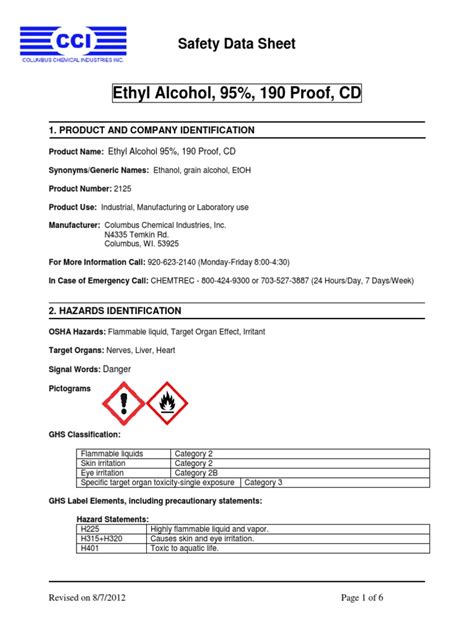 Ethyl Alcohol Safety Data Sheet Ethanol Water