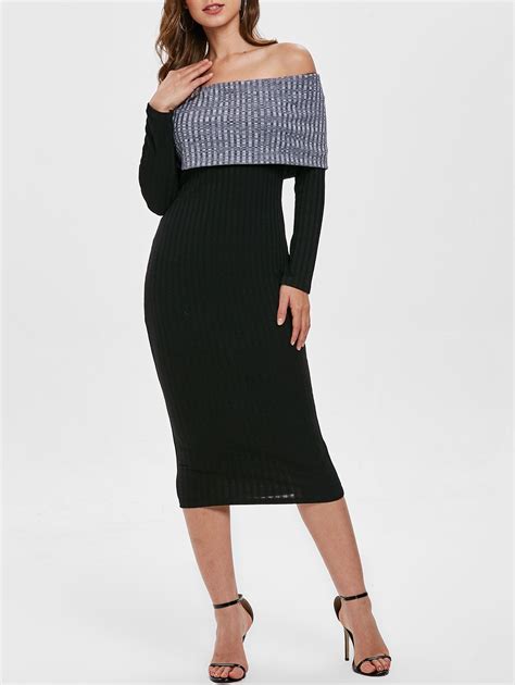 [25 Off] 2022 Contrast Knitted Off Shoulder Long Dress In Black Dresslily
