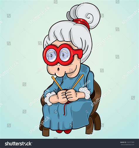 Vector Illustration Of A Grandma With Big Glasses Knitting While