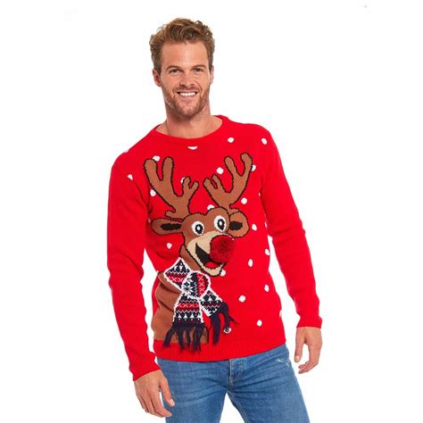 Mens Funny Christmas Sweater With Reindeer Pom Pom Nose Mens Funny Christmas Sweaters