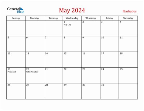 May 2024 Barbados Monthly Calendar With Holidays