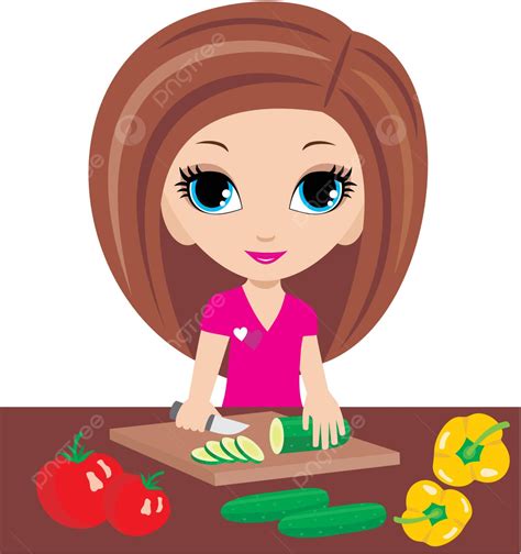Cartoon Woman On Kitchen Cuts Vegetables Female Food Girl Vector Female Food Girl Png And
