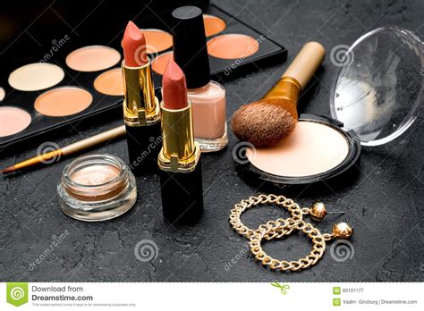 Decorative Cosmetics Nude On Dark Background Top View Stock Image