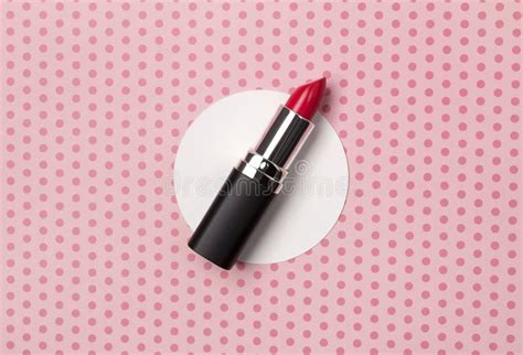 Bright Pink Lipstick On Creative Pastel Pink Background Stock Photo