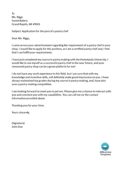 Job Application Letter Pastry Chef Example Templates At