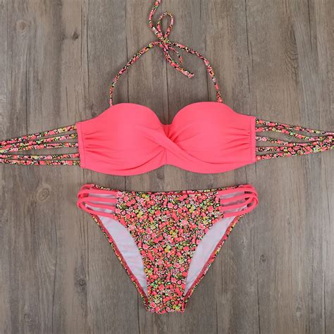 New Women Push Up Sexy Bikini Set Underwire Bra Swimwear Xxl Pink Floral Bandage Bikini Swimsuit