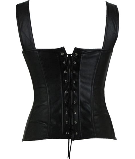 Black Faux Leather Corset With Shoulder Straps Discreet Tiger