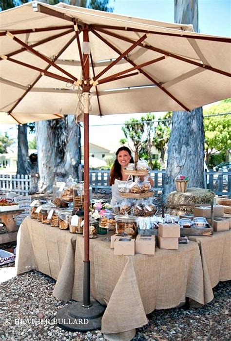Farmers Market Booth With Burlap Tablecloths And Beige Packaging And