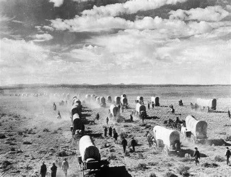 A Wagon Train Of American Homesteaders Moves Across The Open Plains