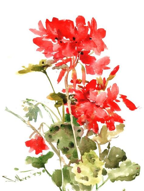 Geranium Original Watercolor Painting Red Flowers Red Geranium 9 X