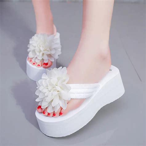 Summer Flower Flip Flops Women Slippers Floral Beach Shoes High Heels