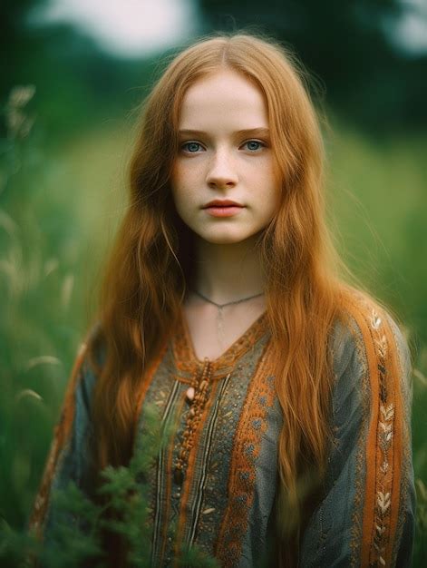 Premium Photo A Girl With Red Hair And Blue Eyes Stands In A Field Of