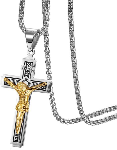 JewelryWe Mens Cross Necklace Catholic Jesus Christ On INRI Cross